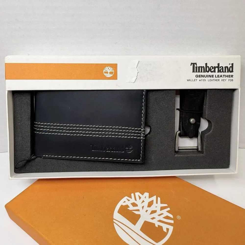 Timberland Black Leather Bifold Wallet With Matching Key Fob Gift Set New